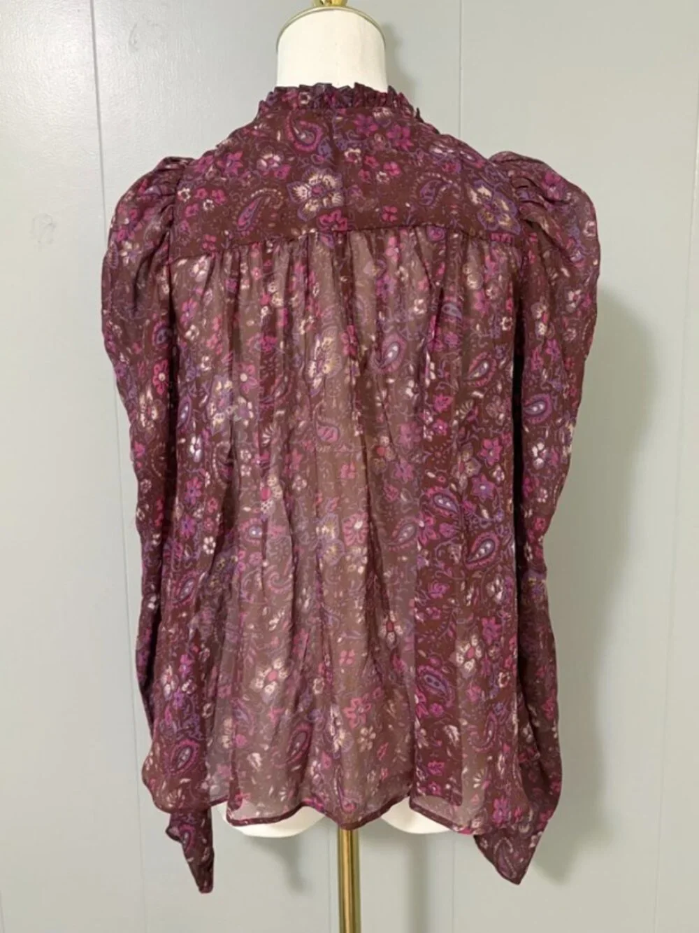 Ulla Johnson Renly Blouse Sumac Floral Paisley 100% Silk Sz 0 Ruffle Puff Sleeve